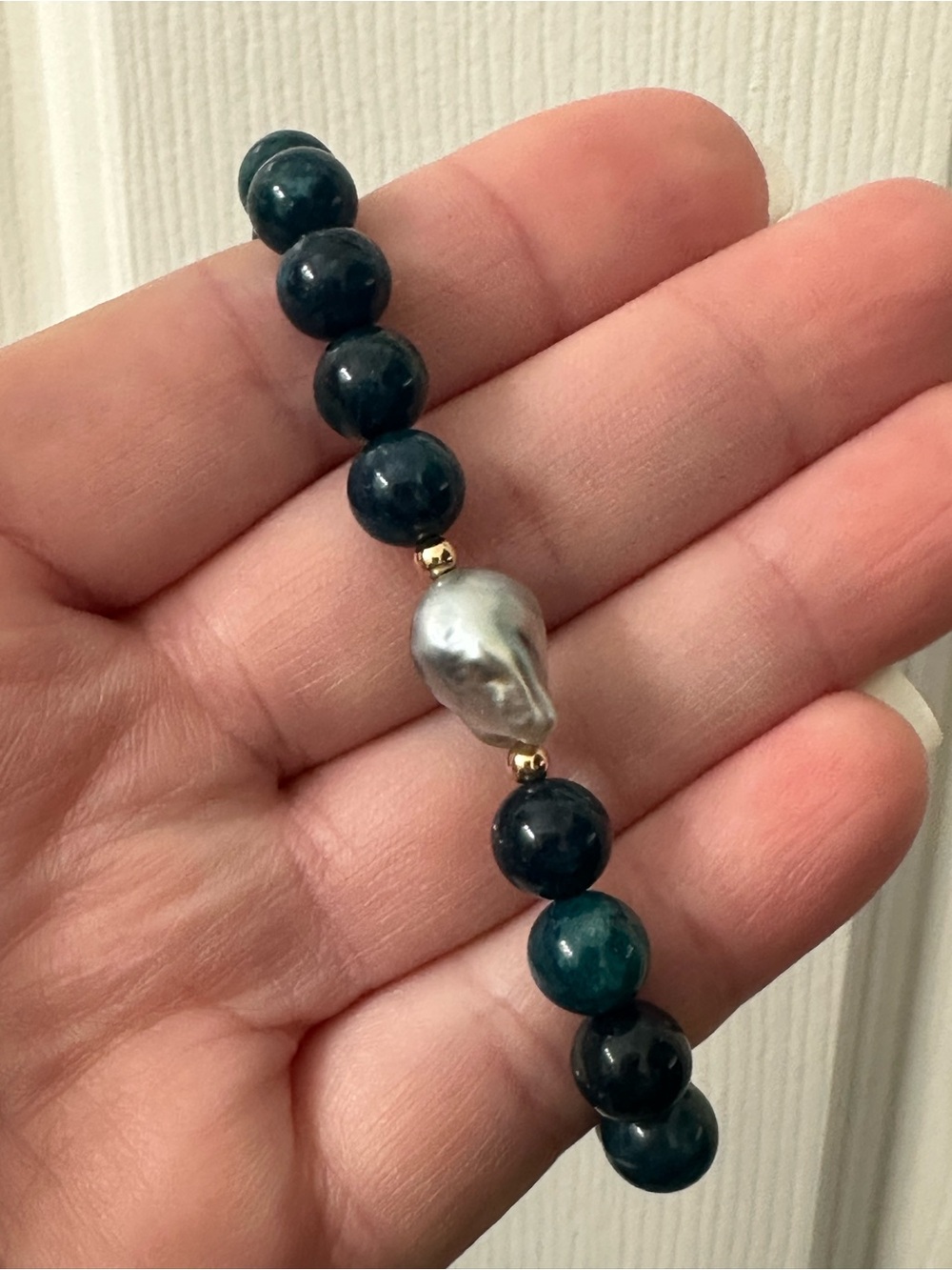 Tahitian Pearl Bracelet Silver Keshi Blue Beads Handmade Stretchy 6.75” NWOT